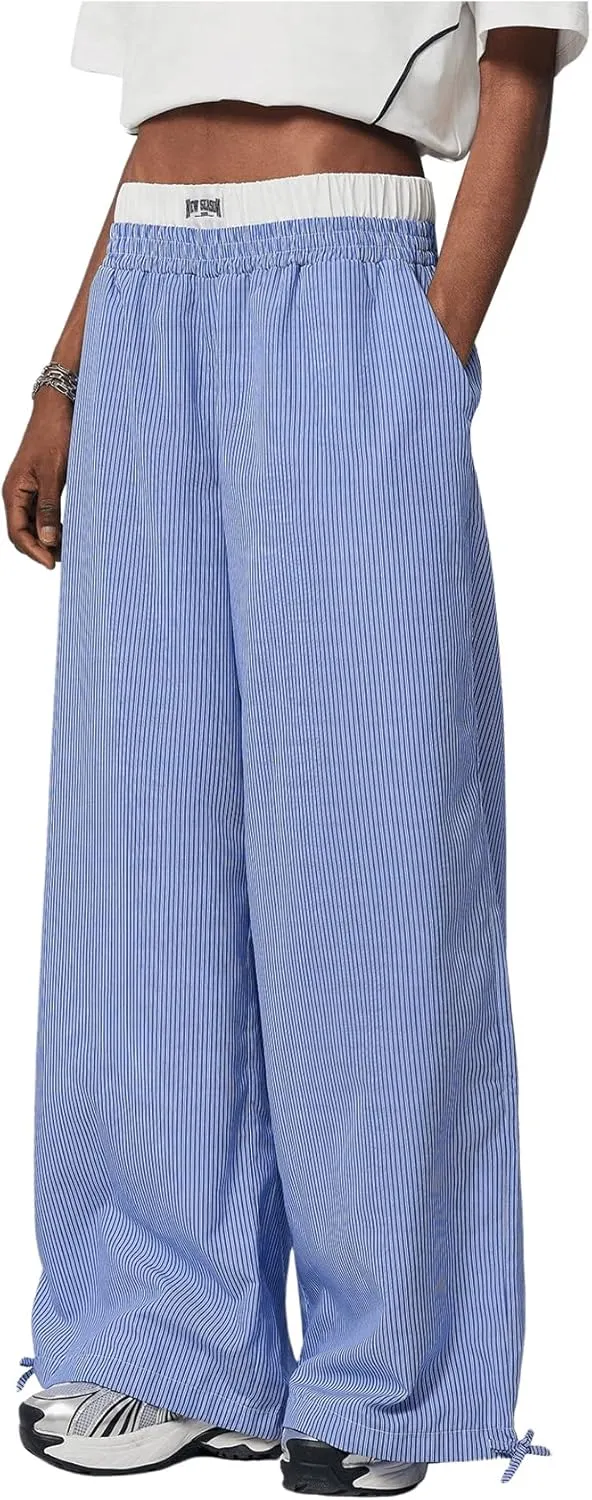Verdusa Women's Striped Wide Leg Elastic High Waisted Casual Pants with Pockets