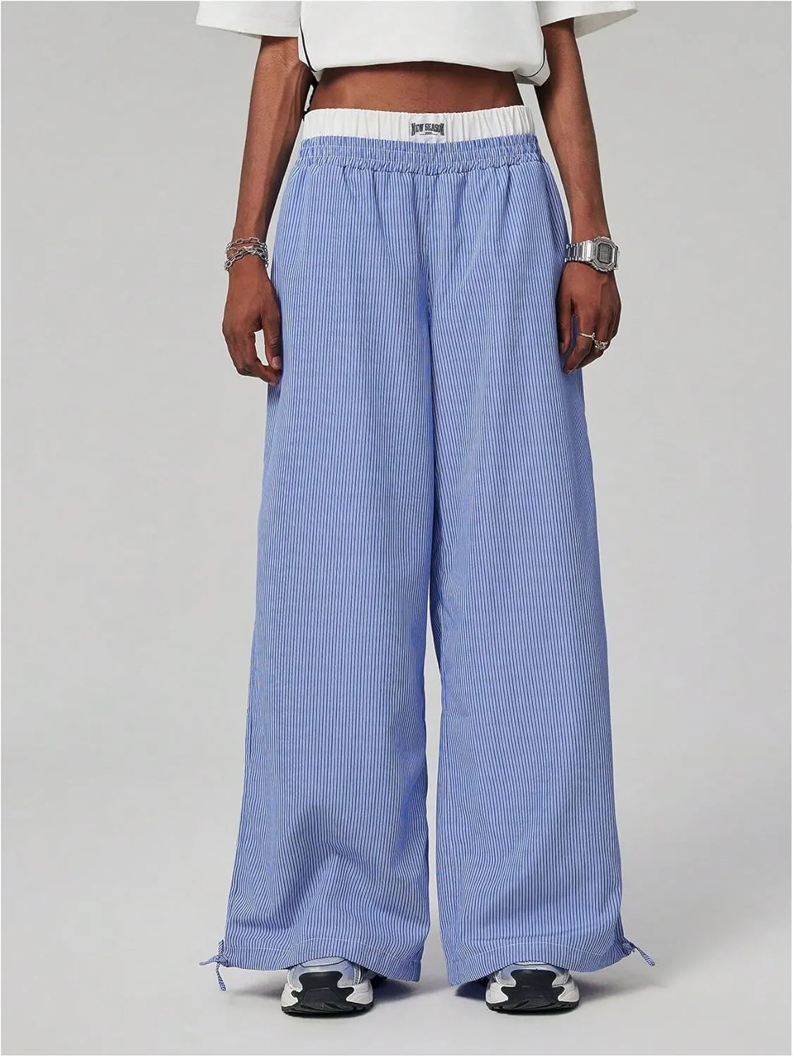 Verdusa Women's Striped Wide Leg Elastic High Waisted Casual Pants with Pockets