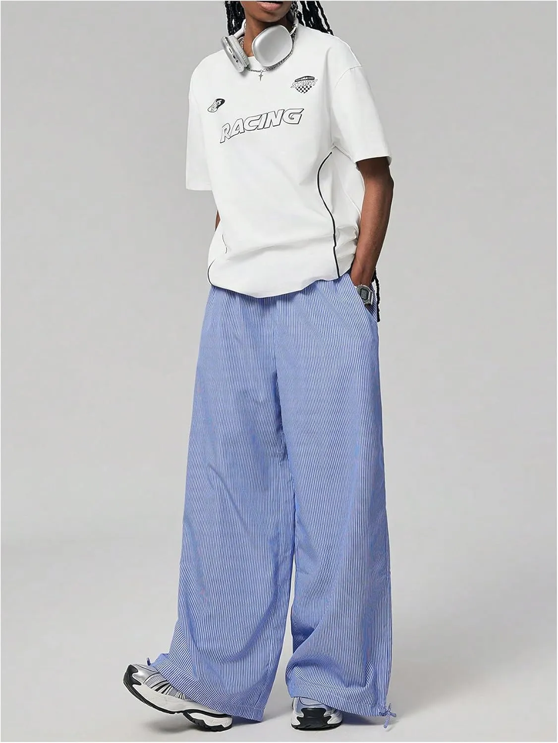 Verdusa Women's Striped Wide Leg Elastic High Waisted Casual Pants with Pockets