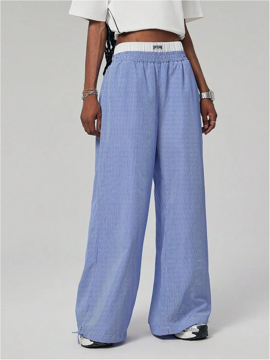 Verdusa Women's Striped Wide Leg Elastic High Waisted Casual Pants with Pockets