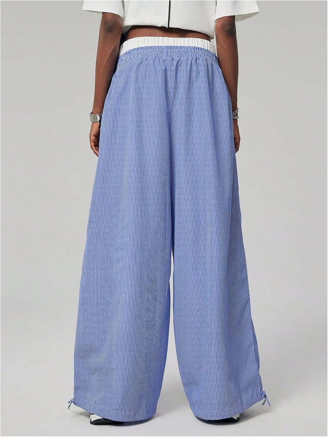 Verdusa Women's Striped Wide Leg Elastic High Waisted Casual Pants with Pockets