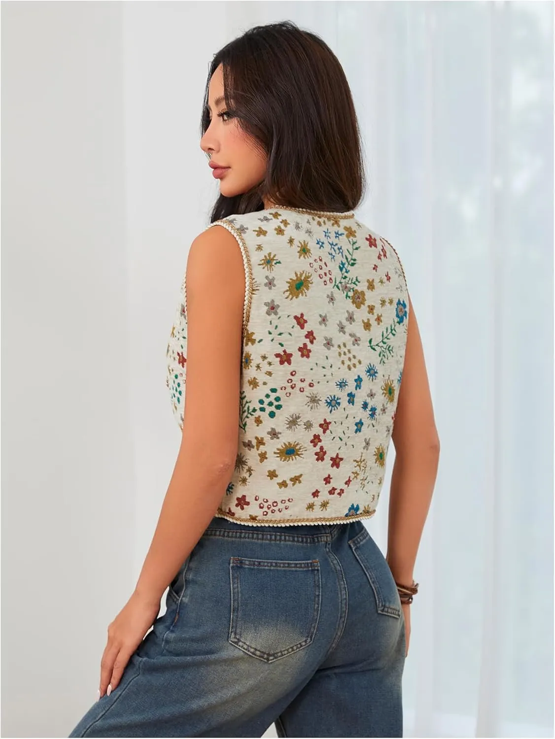 Verdusa Women's Tie Front Jacquard Vest Waistcoat Boho Sleeveless Jacket