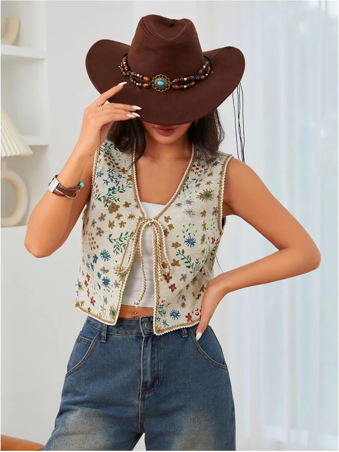 Verdusa Women's Tie Front Jacquard Vest Waistcoat Boho Sleeveless Jacket