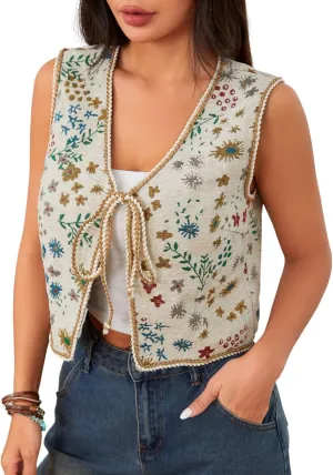 Verdusa Women's Tie Front Jacquard Vest Waistcoat Boho Sleeveless Jacket