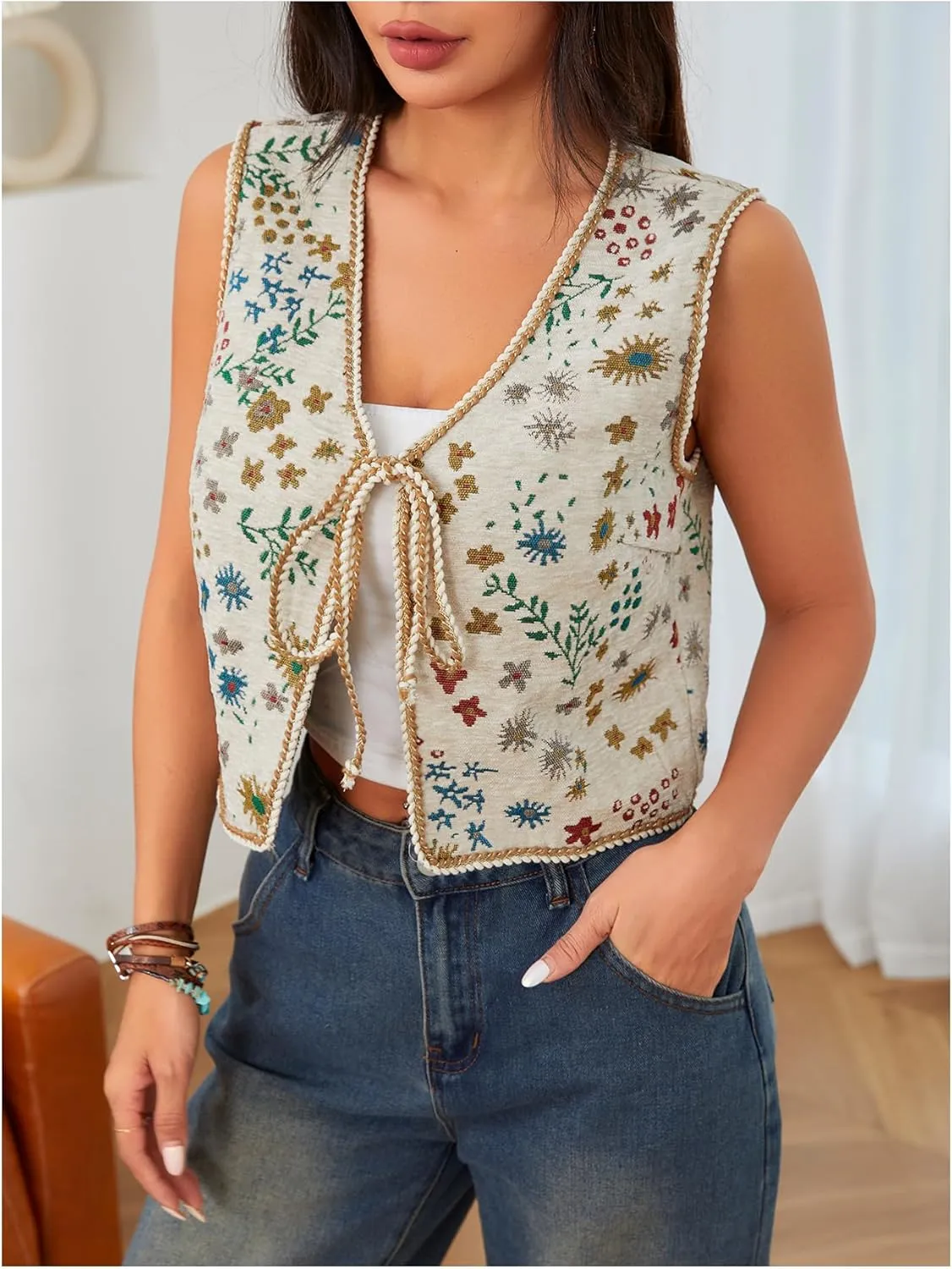 Verdusa Women's Tie Front Jacquard Vest Waistcoat Boho Sleeveless Jacket
