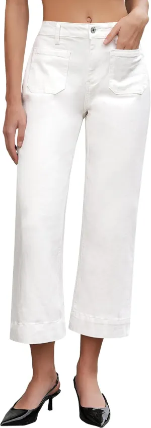 Vetinee Wide Leg Jeans for Women High Waisted Trendy Front Patch Pocket Flare Cropped Jeans Stretchy Denim Jean Pants