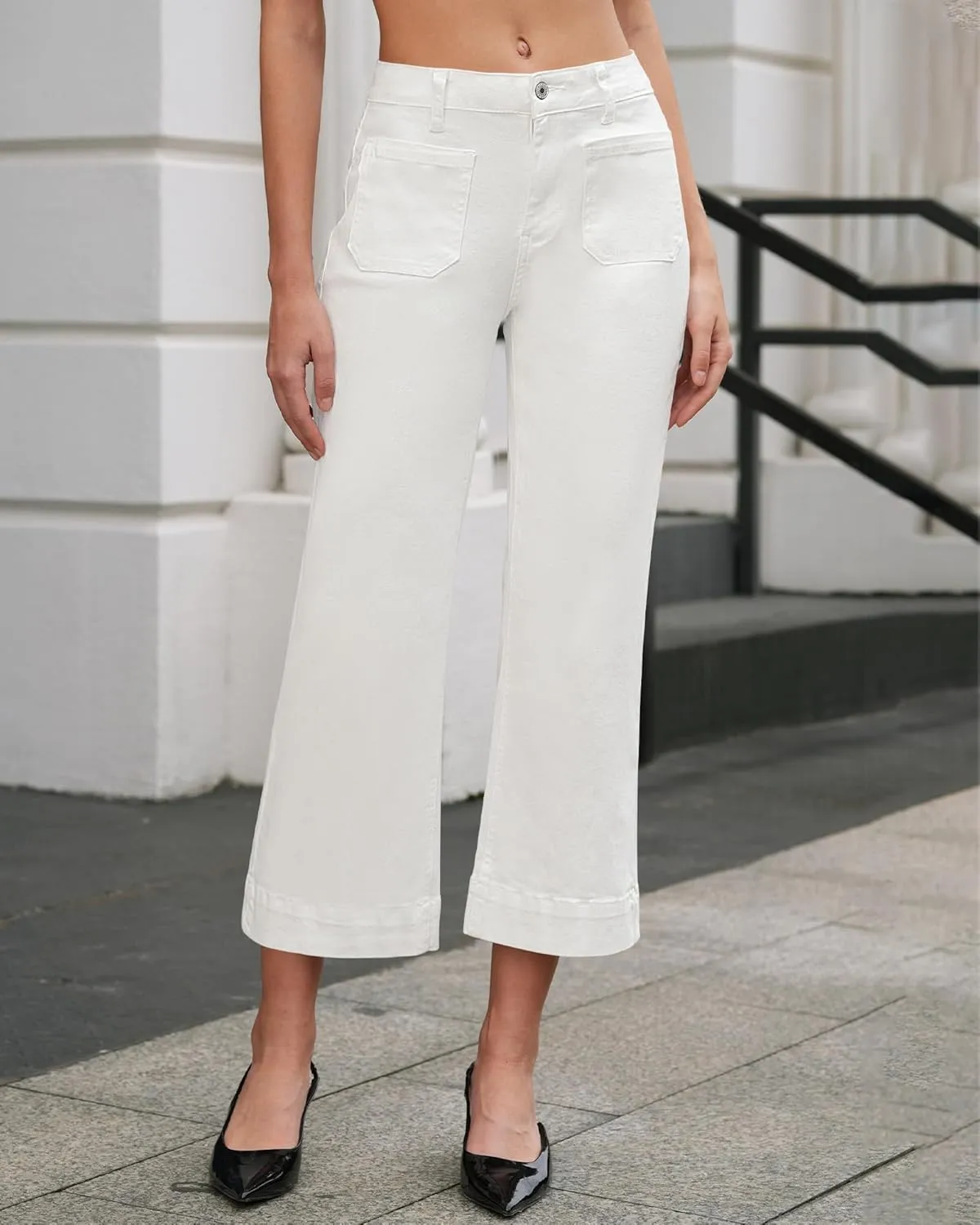 Vetinee Wide Leg Jeans for Women High Waisted Trendy Front Patch Pocket Flare Cropped Jeans Stretchy Denim Jean Pants