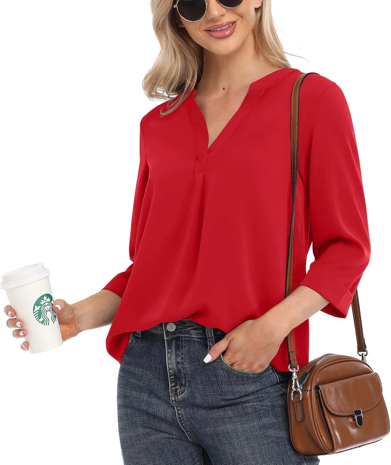 VIISHOW Womens Tops Casual Chiffon Blouses Tops 3/4 Sleeve V Neck Tunic Top Loose Shirt