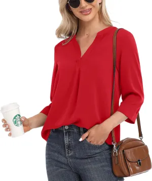 VIISHOW Womens Tops Casual Chiffon Blouses Tops 3/4 Sleeve V Neck Tunic Top Loose Shirt