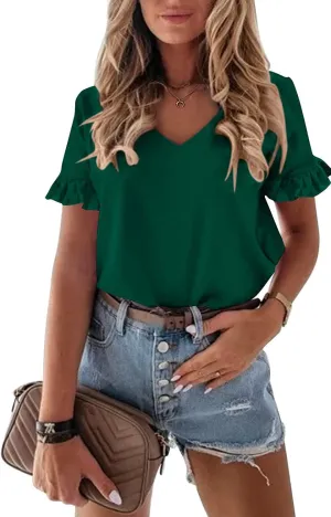 Vircreate Womens Summer Ruffle Plain V Neck T Shirts Short Sleeve Loose Fit Tee Casual Blouse Tunic Tops