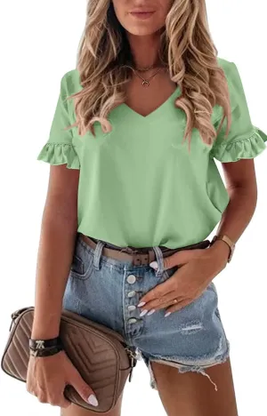Vircreate Womens Summer Ruffle Plain V Neck T Shirts Short Sleeve Loose Fit Tee Casual Blouse Tunic Tops