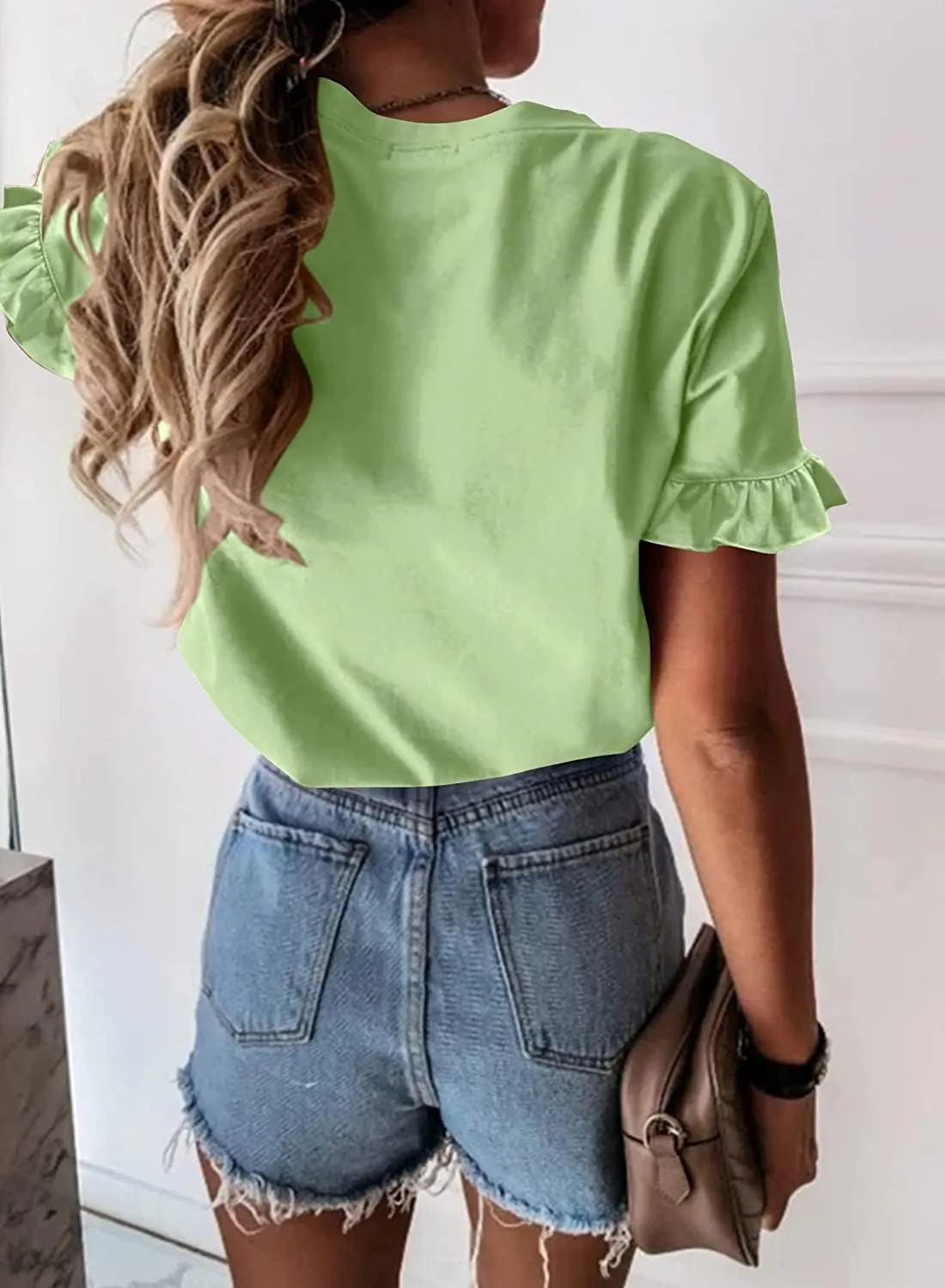 Vircreate Womens Summer Ruffle Plain V Neck T Shirts Short Sleeve Loose Fit Tee Casual Blouse Tunic Tops