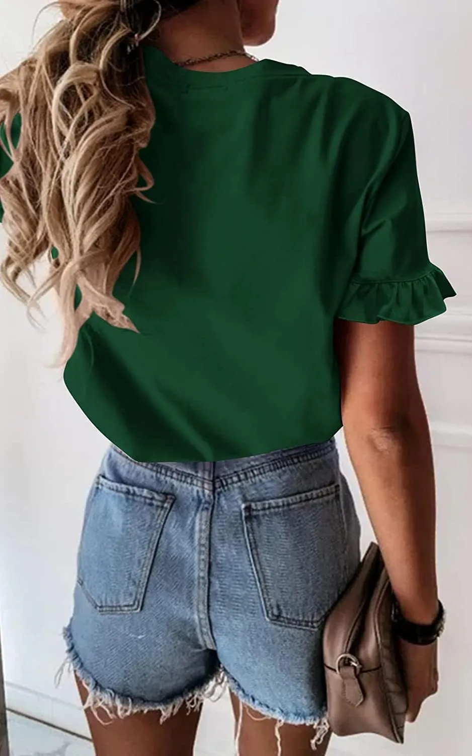 Vircreate Womens Summer Ruffle Plain V Neck T Shirts Short Sleeve Loose Fit Tee Casual Blouse Tunic Tops