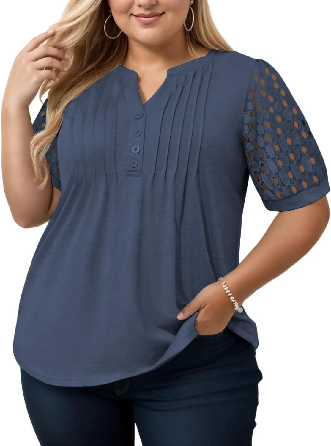 VISLILY Plus-Size-Womens-Summer-Tops Cute Henley V Neck T Shirts Dressy Lace Short Sleeve Blouse Trendy Casual Pleated Tunics