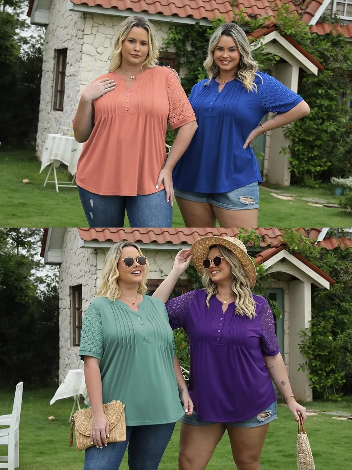 VISLILY Plus-Size-Womens-Summer-Tops Cute Henley V Neck T Shirts Dressy Lace Short Sleeve Blouse Trendy Casual Pleated Tunics