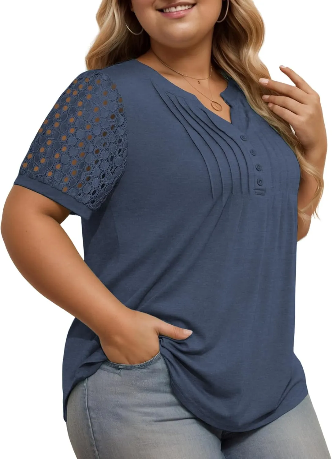 VISLILY Plus-Size-Womens-Summer-Tops Cute Henley V Neck T Shirts Dressy Lace Short Sleeve Blouse Trendy Casual Pleated Tunics