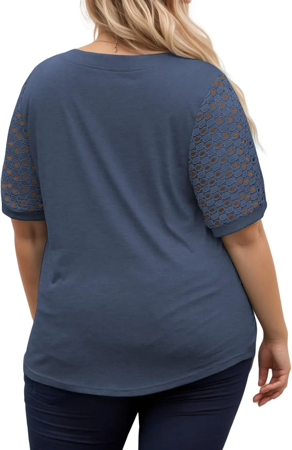 VISLILY Plus-Size-Womens-Summer-Tops Cute Henley V Neck T Shirts Dressy Lace Short Sleeve Blouse Trendy Casual Pleated Tunics