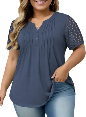 VISLILY Plus-Size-Womens-Summer-Tops Cute Henley V Neck T Shirts Dressy Lace Short Sleeve Blouse Trendy Casual Pleated Tunics