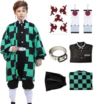 VZQI Halloween Cosplay Costumes Kamado Tanjir Kids Anime Kimono Halloween Green Cloak