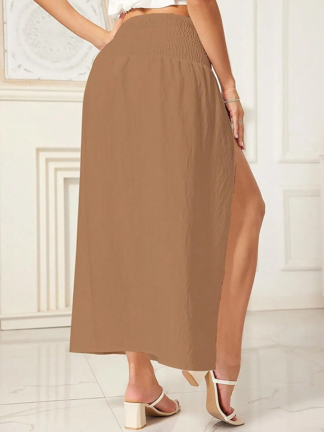 WDIRARA Women's High Slit Sarong Smocked High Waisted Swimsuit Coverup Maxi Skirt