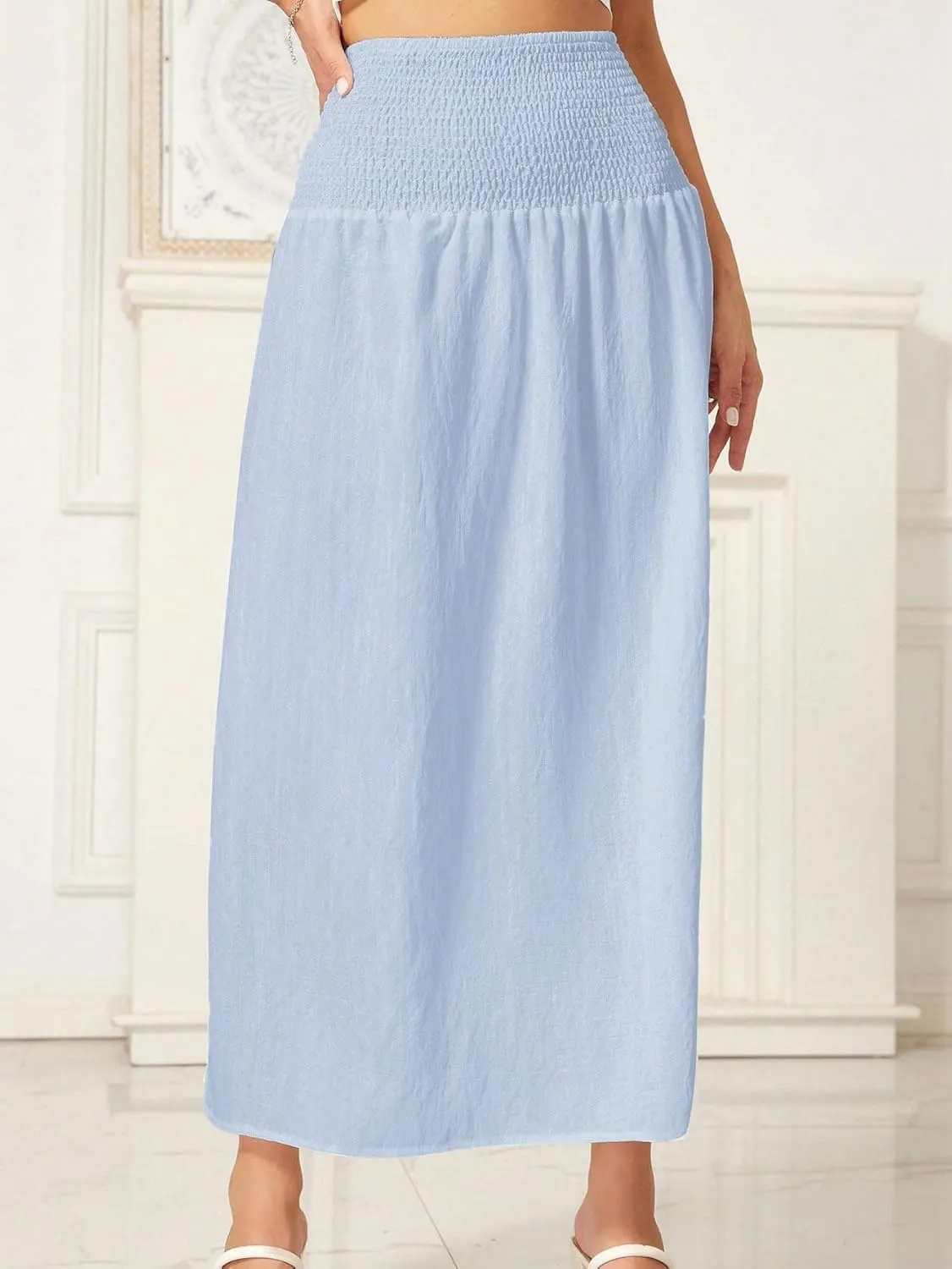 WDIRARA Women's High Slit Sarong Smocked High Waisted Swimsuit Coverup Maxi Skirt