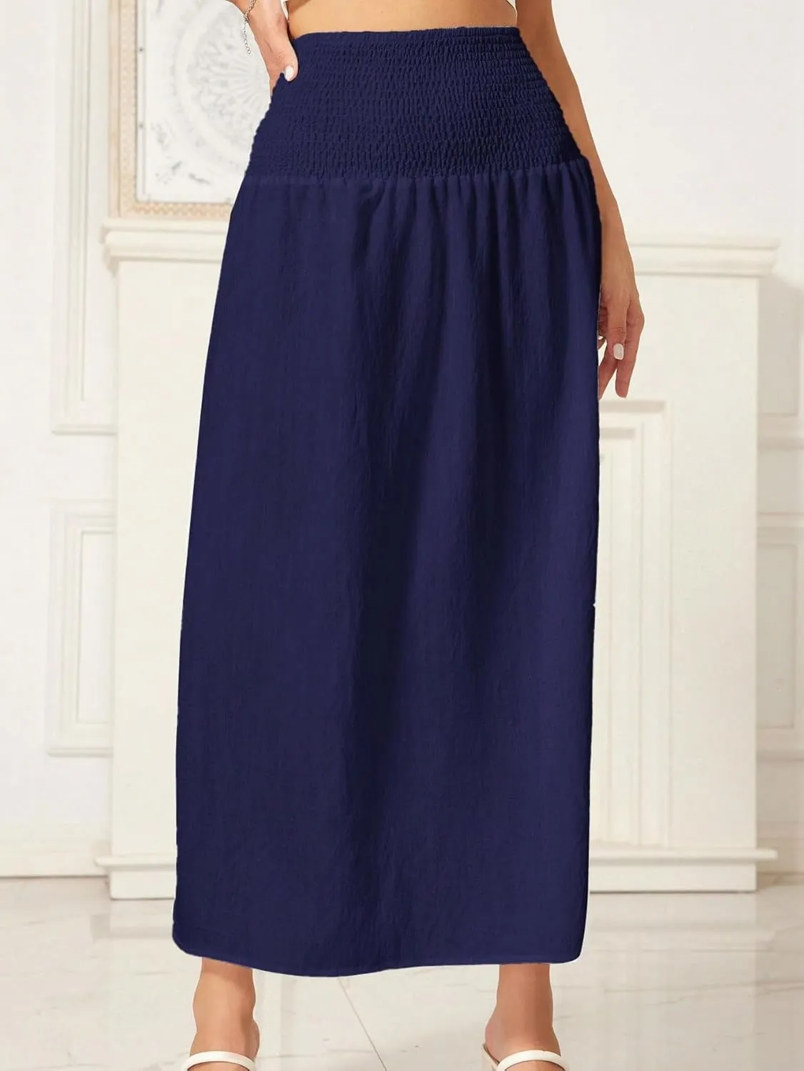 WDIRARA Women's High Slit Sarong Smocked High Waisted Swimsuit Coverup Maxi Skirt