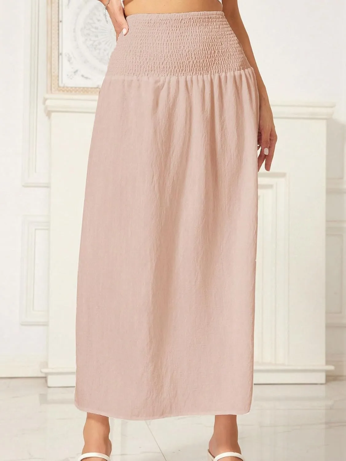 WDIRARA Women's High Slit Sarong Smocked High Waisted Swimsuit Coverup Maxi Skirt