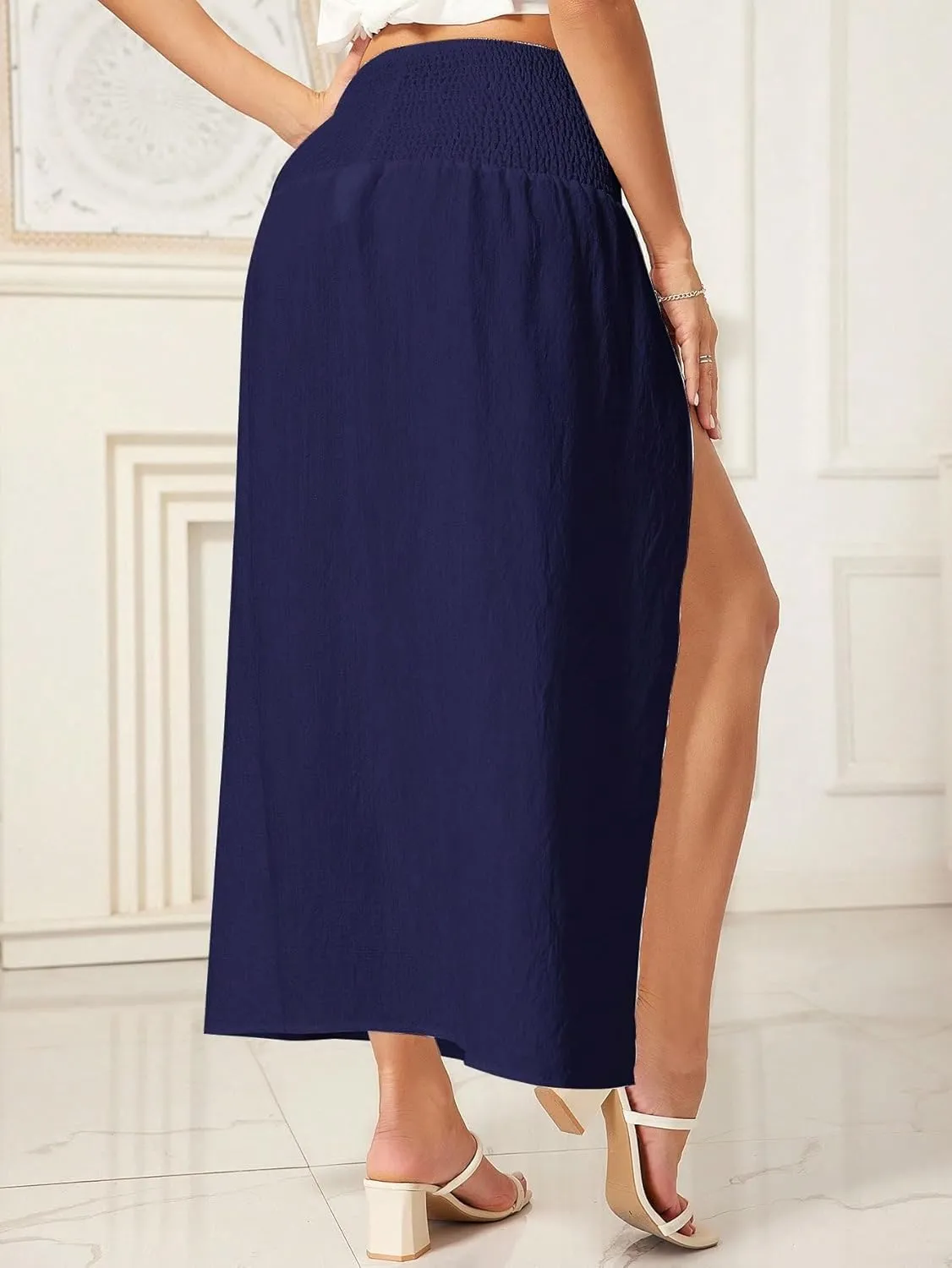 WDIRARA Women's High Slit Sarong Smocked High Waisted Swimsuit Coverup Maxi Skirt