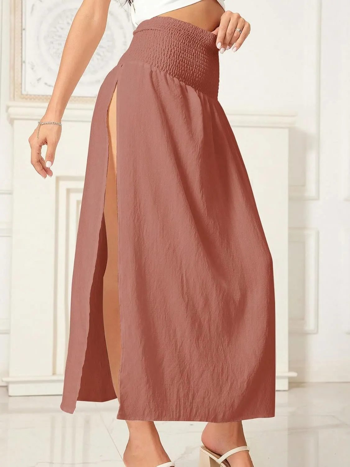 WDIRARA Women's High Slit Sarong Smocked High Waisted Swimsuit Coverup Maxi Skirt