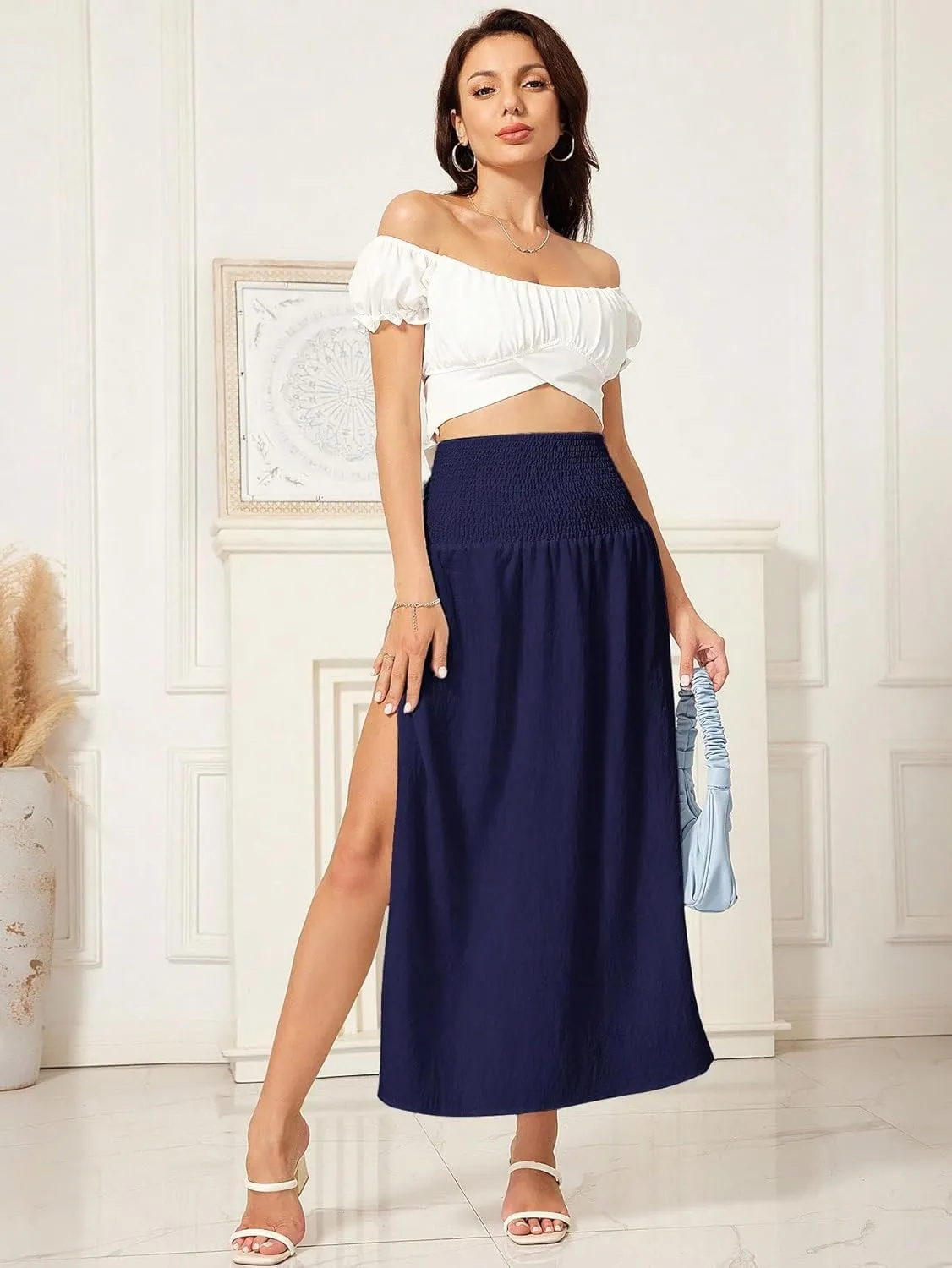 WDIRARA Women's High Slit Sarong Smocked High Waisted Swimsuit Coverup Maxi Skirt