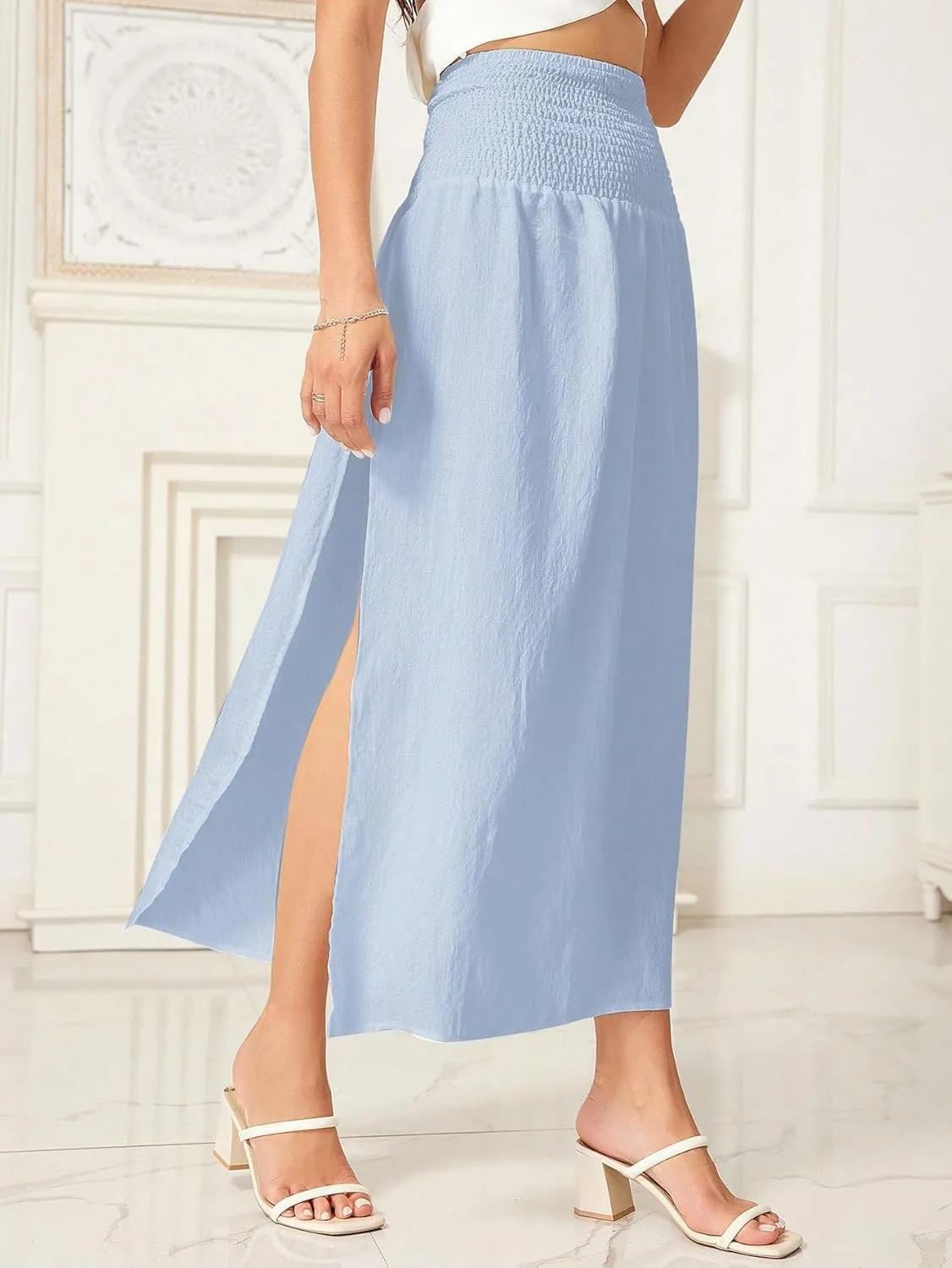 WDIRARA Women's High Slit Sarong Smocked High Waisted Swimsuit Coverup Maxi Skirt