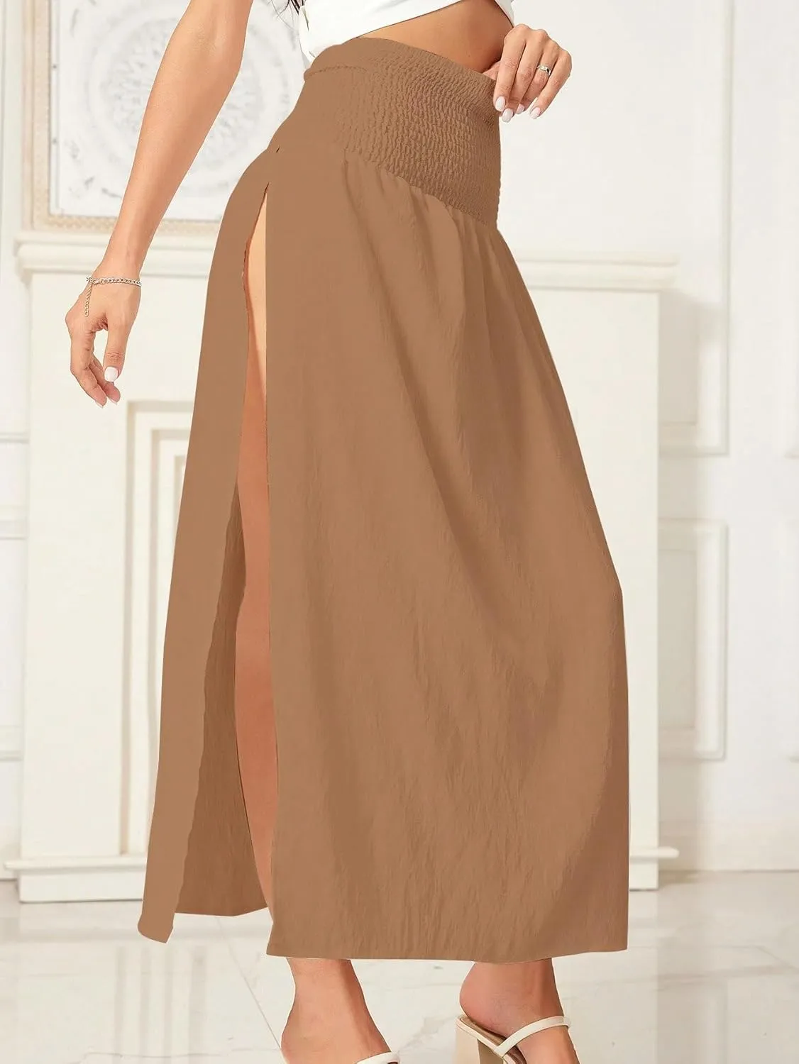 WDIRARA Women's High Slit Sarong Smocked High Waisted Swimsuit Coverup Maxi Skirt