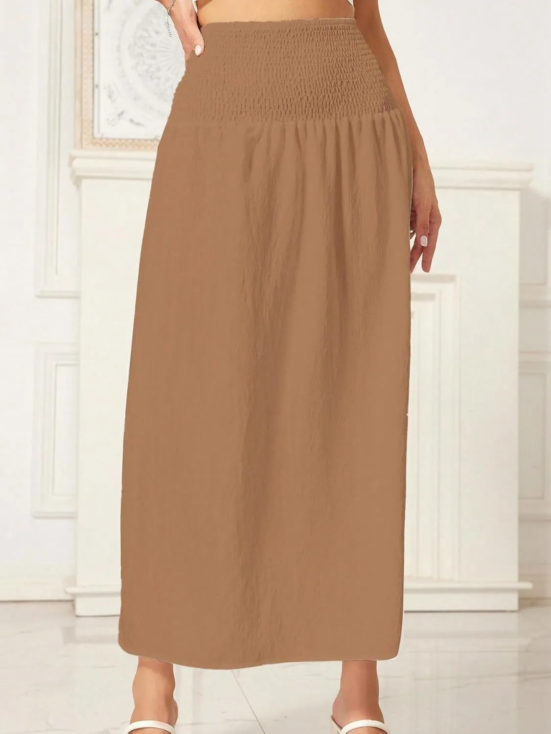 WDIRARA Women's High Slit Sarong Smocked High Waisted Swimsuit Coverup Maxi Skirt