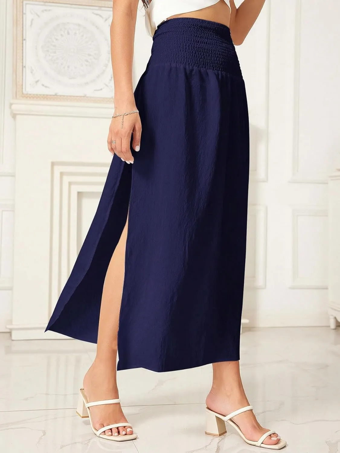 WDIRARA Women's High Slit Sarong Smocked High Waisted Swimsuit Coverup Maxi Skirt