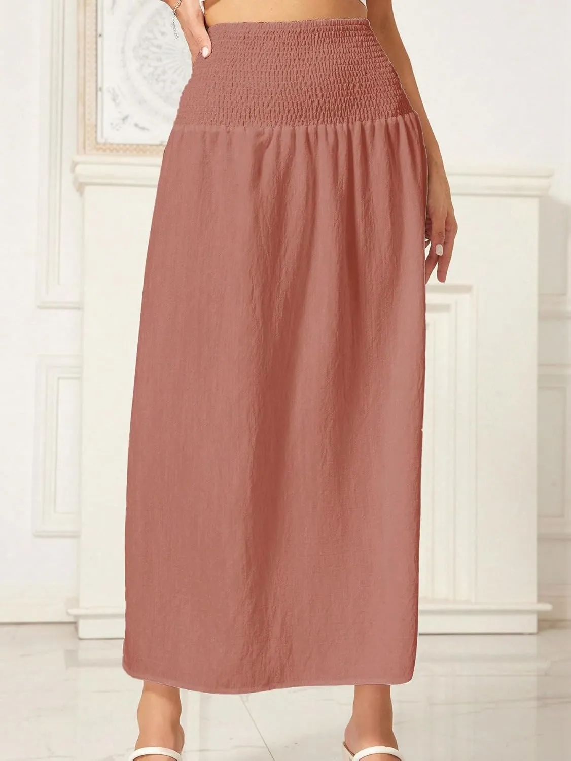 WDIRARA Women's High Slit Sarong Smocked High Waisted Swimsuit Coverup Maxi Skirt