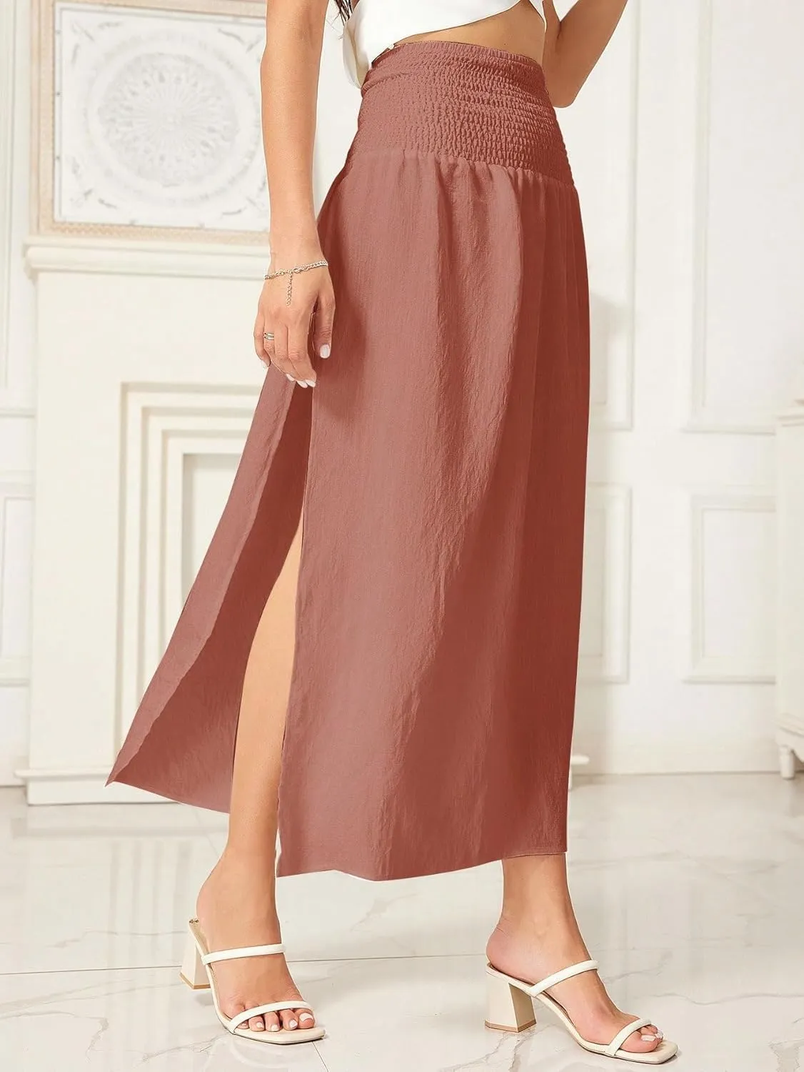 WDIRARA Women's High Slit Sarong Smocked High Waisted Swimsuit Coverup Maxi Skirt