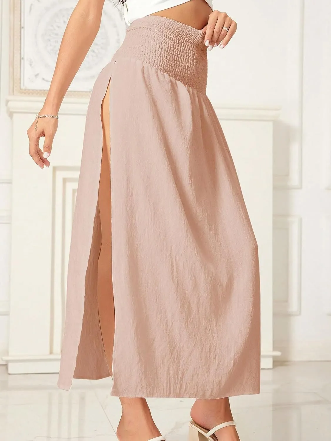 WDIRARA Women's High Slit Sarong Smocked High Waisted Swimsuit Coverup Maxi Skirt