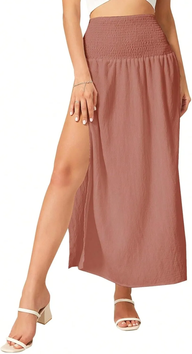 WDIRARA Women's High Slit Sarong Smocked High Waisted Swimsuit Coverup Maxi Skirt