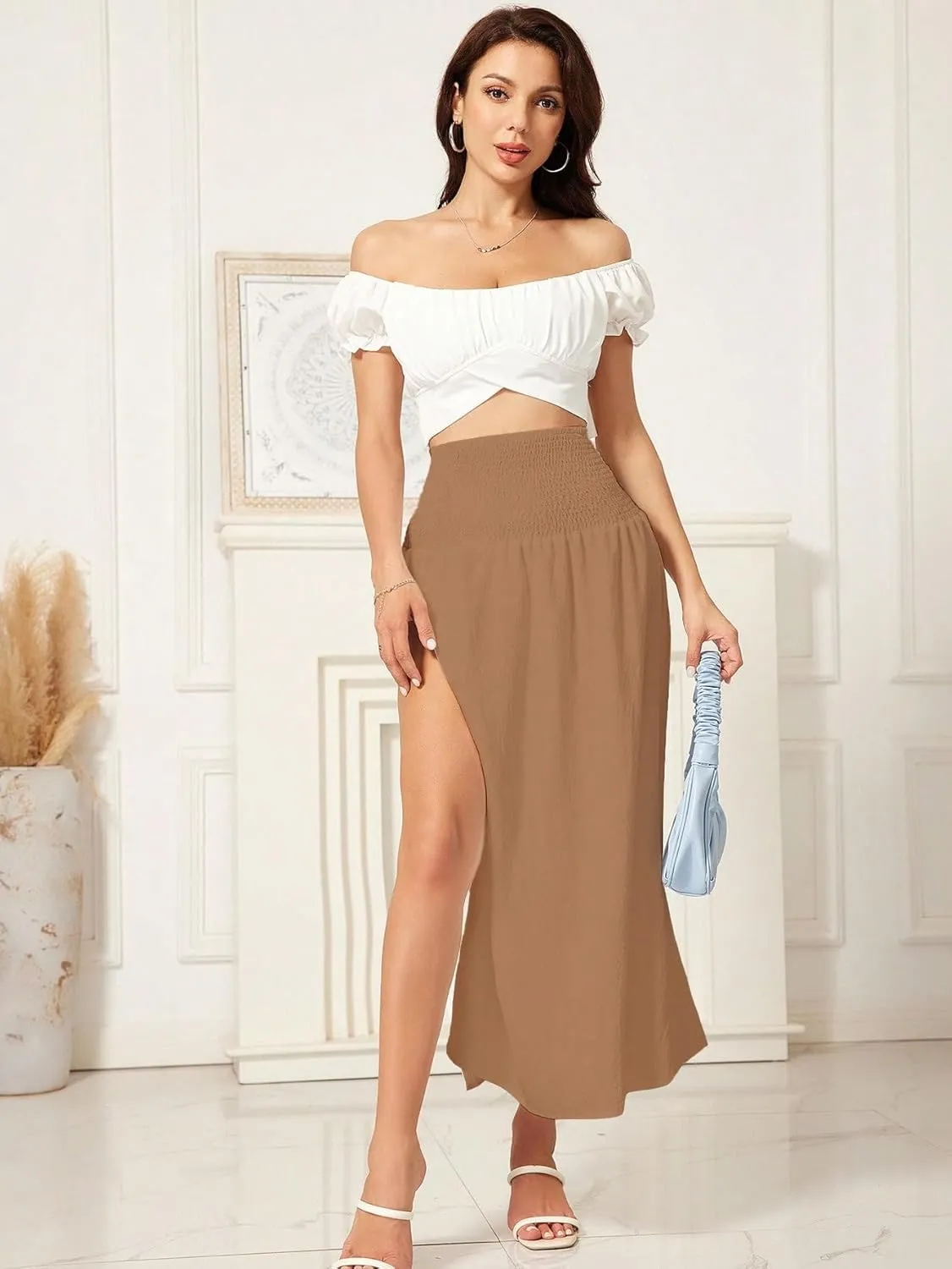 WDIRARA Women's High Slit Sarong Smocked High Waisted Swimsuit Coverup Maxi Skirt