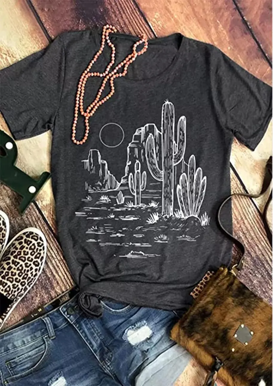 Western Cactus T-Shirt for Women Vintage Cowgirl Shirt Retro Desert Sunset Cactus Graphic Casual Tops Blouse Tee