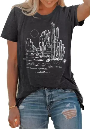 Western Cactus T-Shirt for Women Vintage Cowgirl Shirt Retro Desert Sunset Cactus Graphic Casual Tops Blouse Tee