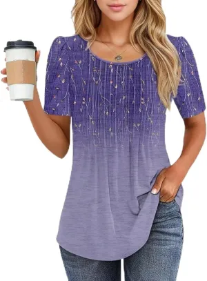 Western Tops for Women Casual Floral Print Summer Tops Pleated Short Sleeve Loose Tunic T Shirt Blouse Outfit