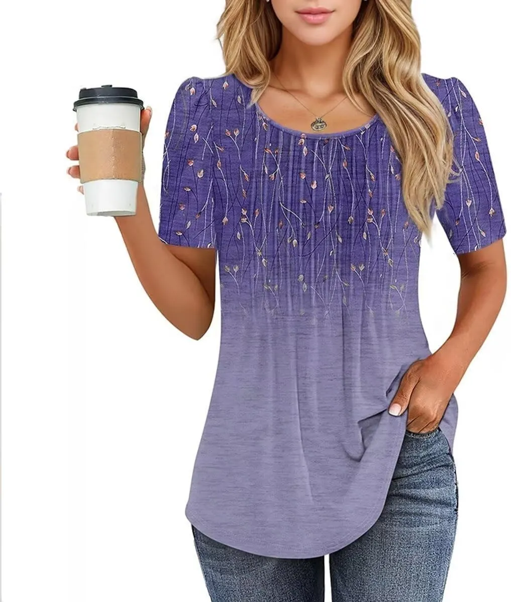 Western Tops for Women Casual Floral Print Summer Tops Pleated Short Sleeve Loose Tunic T Shirt Blouse Outfit