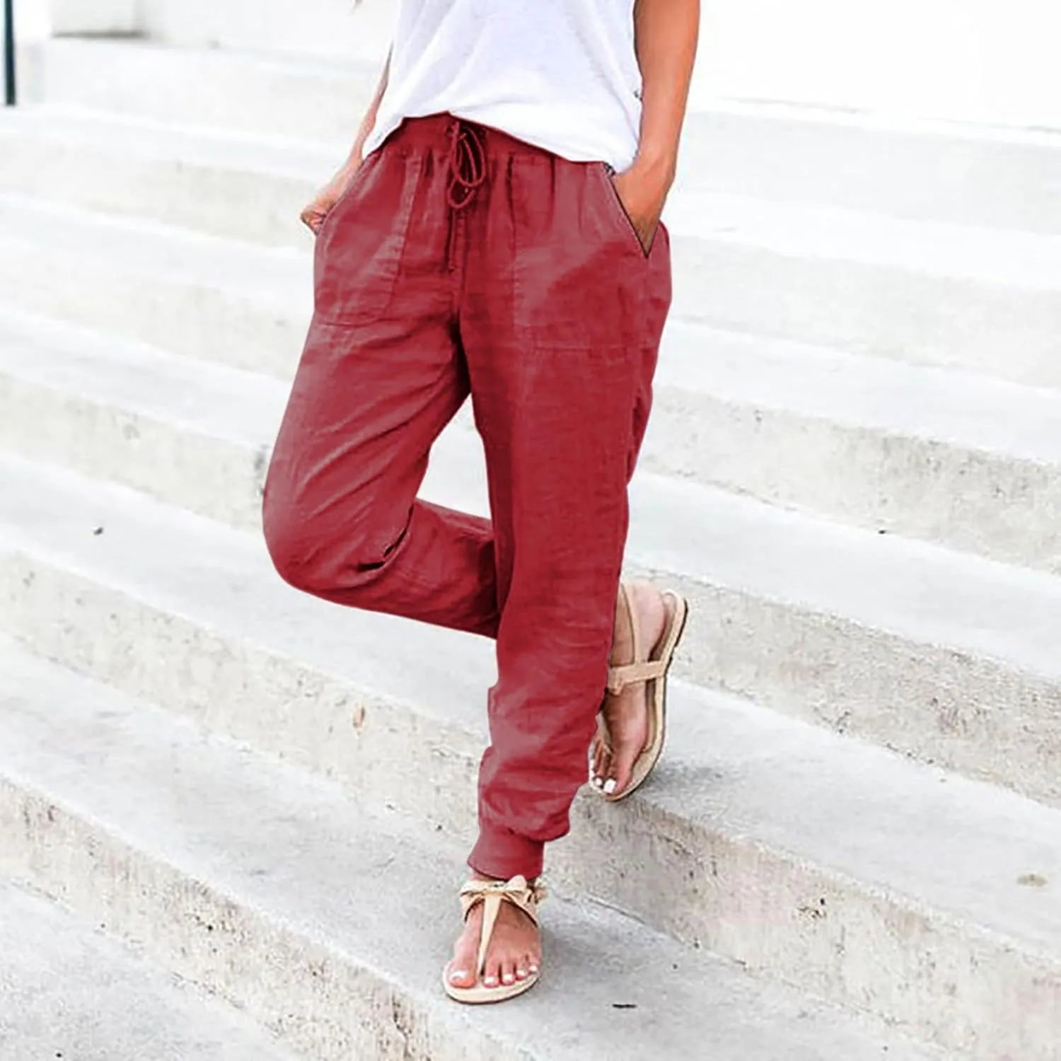 Wide Leg Summer Pants Women 2024 Petite High Waist Pants Pull On Cropped Tapered Linen Drawstring Trouser Pocketed