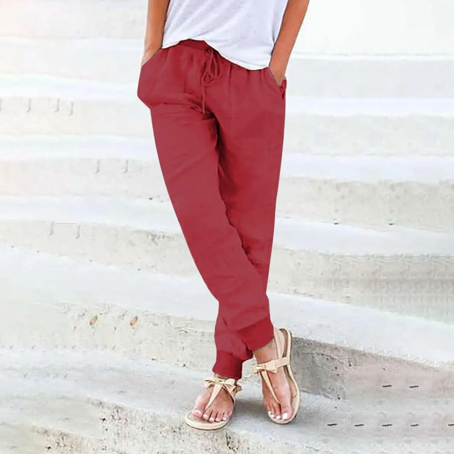 Wide Leg Summer Pants Women 2024 Petite High Waist Pants Pull On Cropped Tapered Linen Drawstring Trouser Pocketed