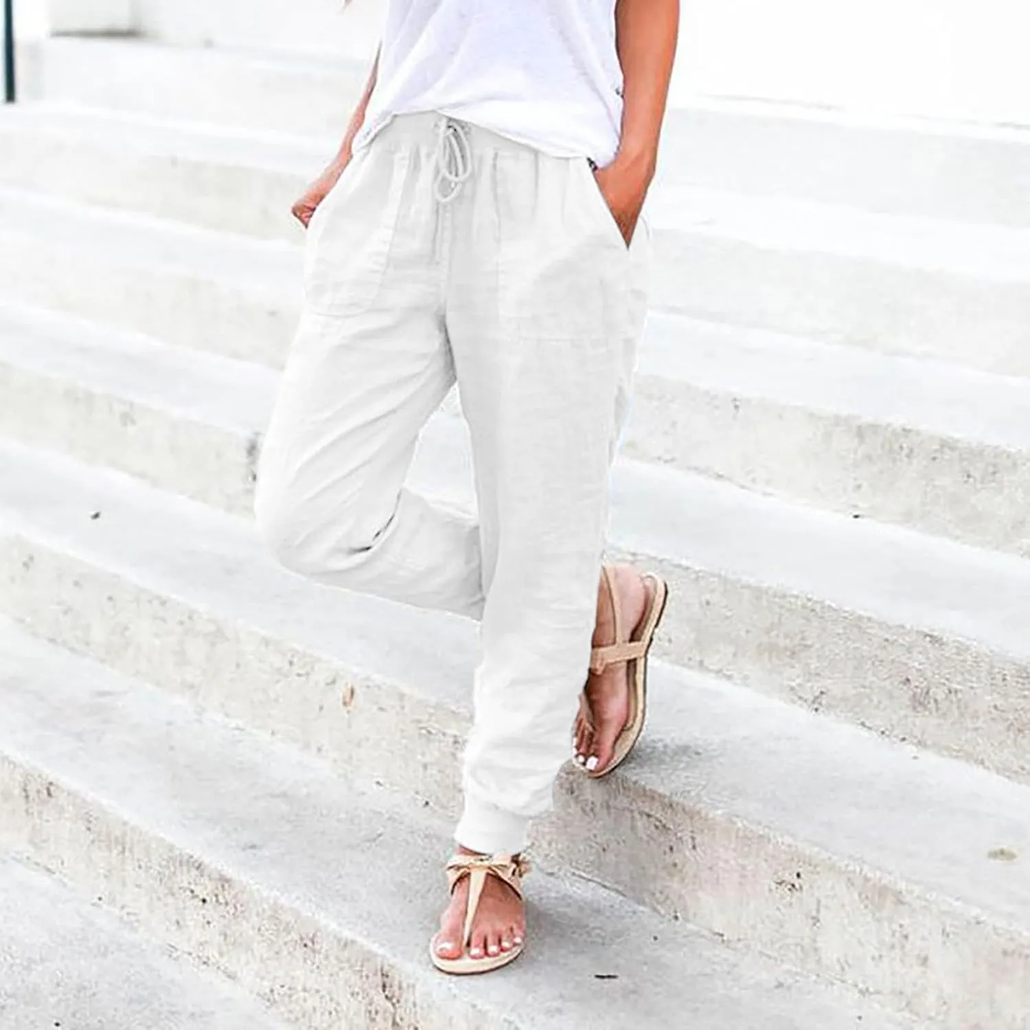 Wide Leg Summer Pants Women 2024 Petite High Waist Pants Pull On Cropped Tapered Linen Drawstring Trouser Pocketed