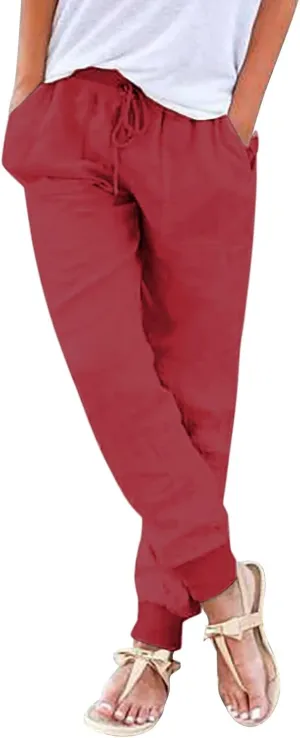 Wide Leg Summer Pants Women 2024 Petite High Waist Pants Pull On Cropped Tapered Linen Drawstring Trouser Pocketed