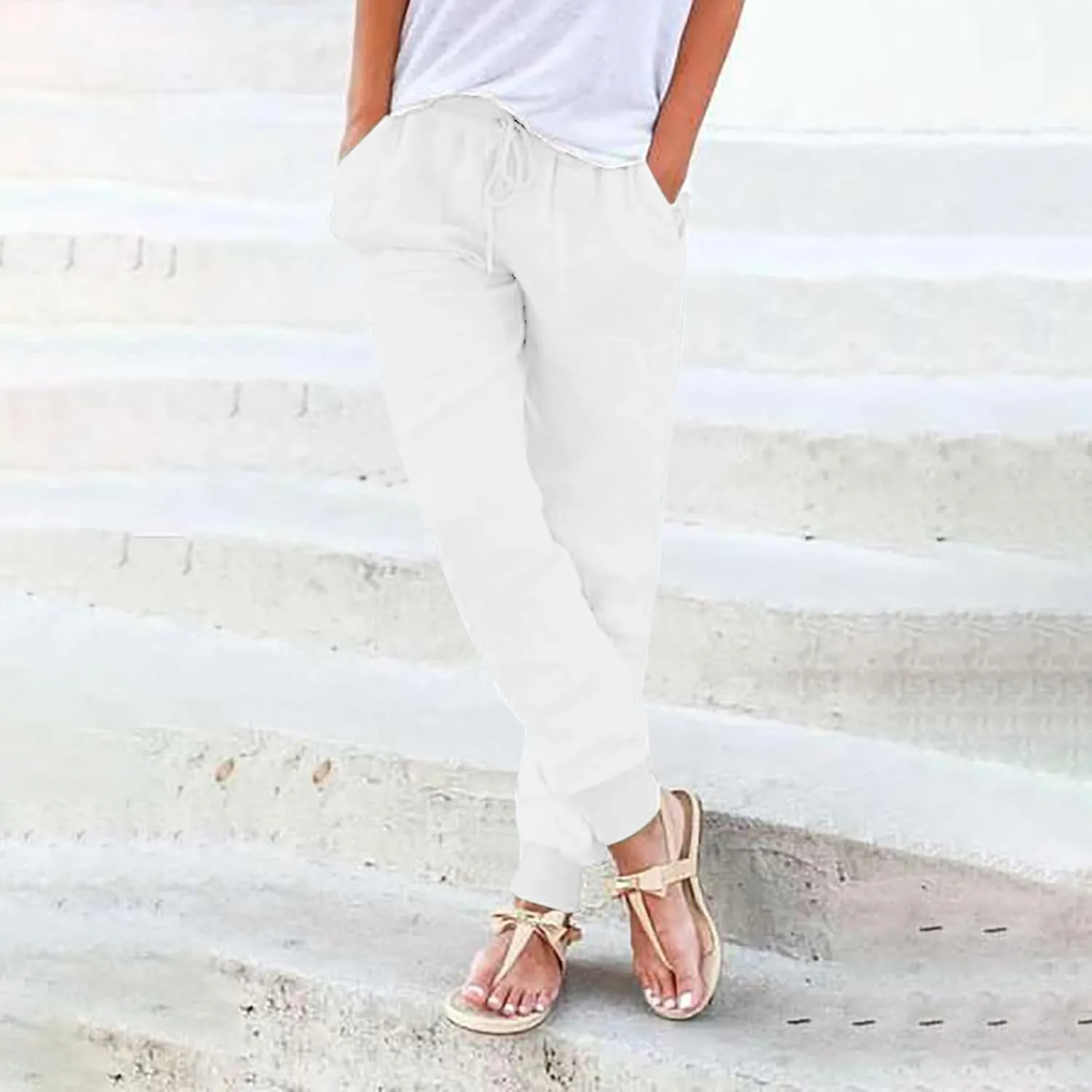 Wide Leg Summer Pants Women 2024 Petite High Waist Pants Pull On Cropped Tapered Linen Drawstring Trouser Pocketed