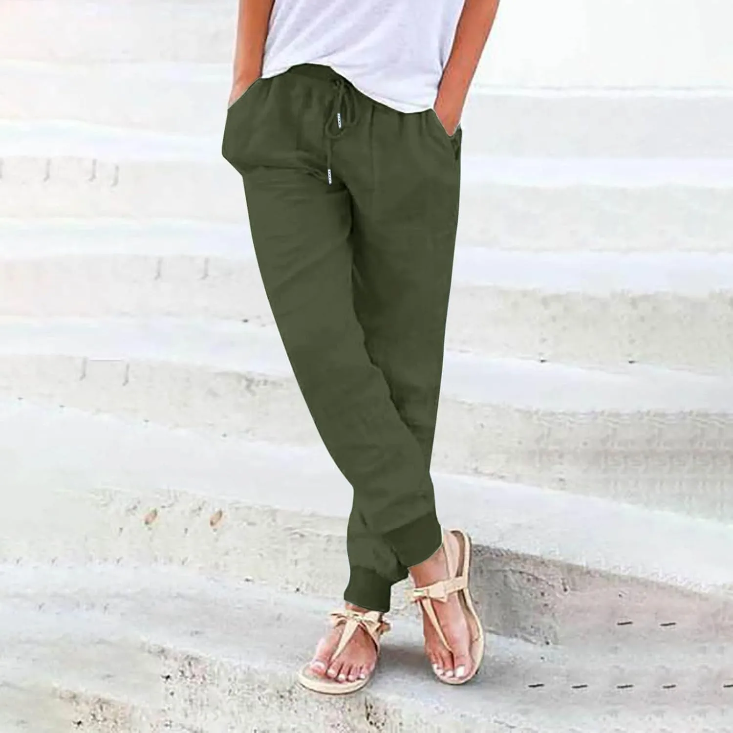 Wide Leg Summer Pants Women 2024 Petite High Waist Pants Pull On Cropped Tapered Linen Drawstring Trouser Pocketed