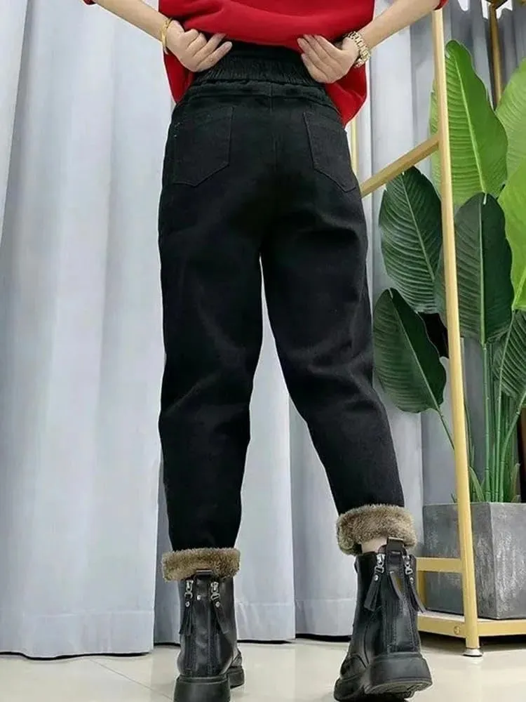 Winter Thicken Harem Jeans Women Warm Baggy Denim Streetwear High Wasit Pants